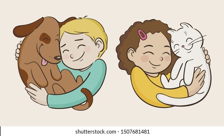 Best friends. Boy and girl hugging their pets. Dog and cat