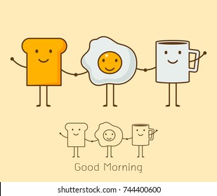 Best friends. Breakfast. Good morning. set of Cute picture cartoon icon of a coffee, eggs and toast. Vector illustration.