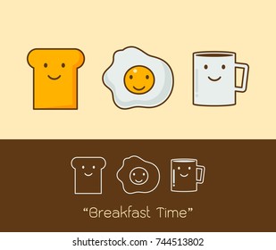 Best friends. Breakfast. Good morning. set of Cute picture cartoon icon of a coffee, eggs and toast. Vector illustration.