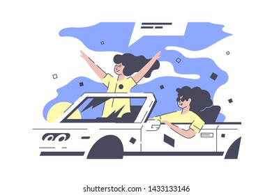 Best friends in car vector illustration. Gorgeous women driving expensive vehicle on full speed. Pretty excited brunette with speech bubbles standing and raising hands flat style concept