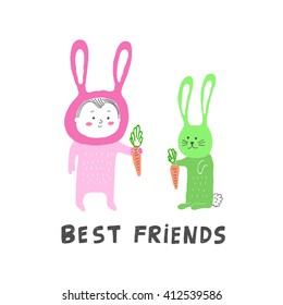 Best Friends card, boy and rabbit vector illustration