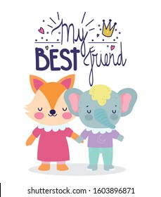 best friends card cute fox and elephant cartoon card vector illustration
