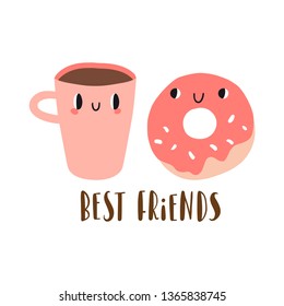 Best friends: cartoon donut and cup of coffee. Funny breakfast characters. Card, print or poster template. Set with cute food and drink icons in kawaii style with smiling face. Food vector collection