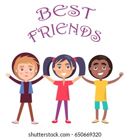 Best friends celebrate global holiday for children. International smiling young kids wishes happy global childrens day vector illustration