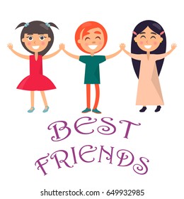 Best friends celebrate international holiday for children. Smiling young kids wishes happy global childrens day vector illustration