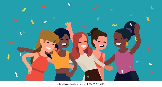 Best friends celebrating and having a party concept vector illustration. Cheerful ladies having fun. Diverse group of young women smiling, laughing and cheering