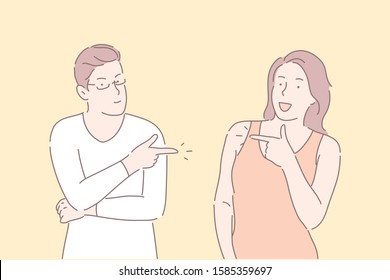 Best friends, cheerful students, support gestures concept. Smiling colleagues having fun, pointing index fingers. Coworkers laughing at good joke. Friendly relationship idea. Simple flat vector