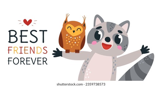 Los mejores amigos impresos infantiles. Caricatura divertida de mapache sostiene a búho, animales de bosque personajes de amistad. Banner decorativo aislado, escena vectorial elegante