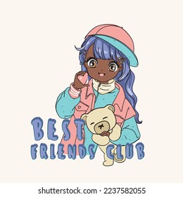 best friends club girl illustration vector drawing anime graphic design character love fun children child boy baby woman man young fashion trend print teddy bear happy cartoon