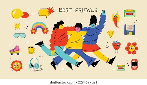 Los mejores amigos interpretan la ilustración. Ilustración vectorial de niñas multiculturales y amistad multicultural. Feliz día de la amistad. Muchachas adolescentes amigas abrazando y divirtiéndose.