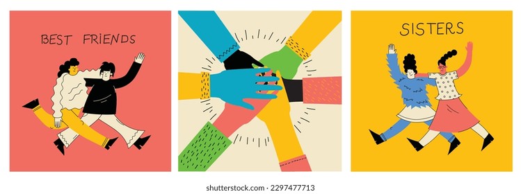 Best friends cocept illustration. Vector illustration of multicultural girls and multicultural friendship. Happy friendship day. Teenage girl friends hugging and having fun.