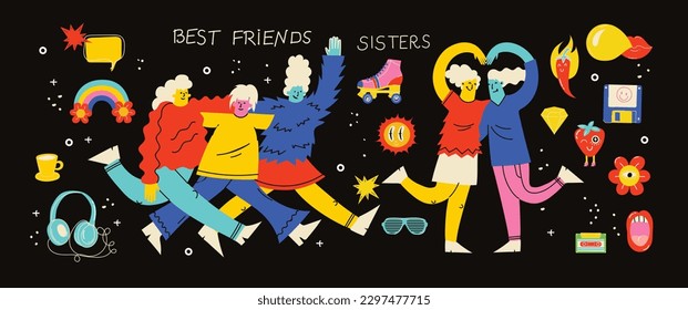 Best friends cocept illustration. Vector illustration of multicultural girls and multicultural friendship. Happy friendship day. Teenage girl friends hugging and having fun.