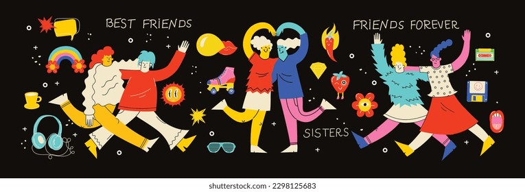 Best friends cocept illustration. Vector illustration of multicultural girls and multicultural friendship. Happy friendship day. Teenage girl friends hugging and having fun.