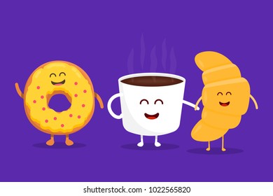 Best Friends coffee, croissant and donut character vector illustration set. Cartoon concept for kids menu.