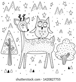 Best friends coloring page with funny deer and owl. Vector illustration