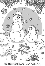 Best friends coloring page with two snowmen
