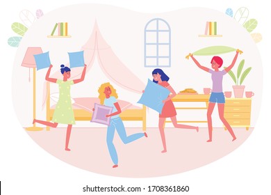 Best Friends Company at Night Home Funny Party. Girls Staged Fight with Soft Pillows at Friend’s Night. They have Fun in Pajamas in Bedroom. On Table Cookies and Cups with Hot Drinks.