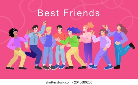 Best Friends concept. Group of learners young people. People talking to each other. Discussion, exchange of ideas. Vector illustration with guy and a girl.