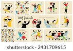 Best friends concept illustration. Vector illustration of multicultural girls and multicultural friendship. Happy friendship day. Teenage girl friends hugging and having fun.