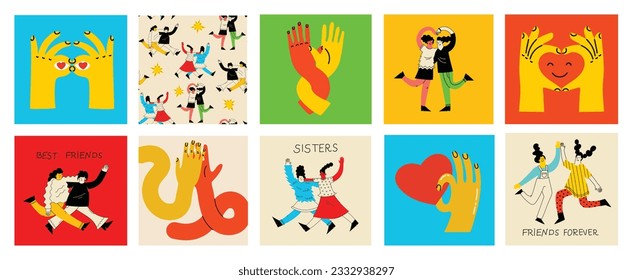 Ilustración conceptual de los mejores amigos. Ilustración vectorial de niñas multiculturales y amistad multicultural. Feliz día de la amistad. Muchachas adolescentes amigas abrazando y divirtiéndose.