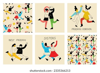 Best friends concept illustration. Vector illustration of multicultural girls and multicultural friendship. Happy friendship day. Teenage girl friends hugging and having fun.