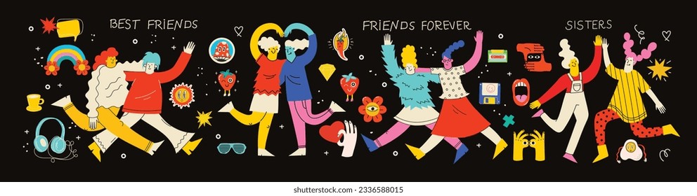 Best friends concept illustration. Vector illustration of multicultural girls and multicultural friendship. Happy friendship day. Teenage girl friends hugging and having fun.