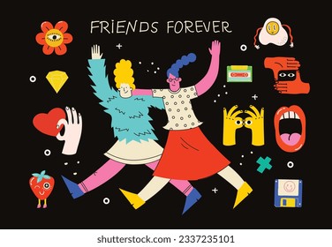 Best friends concept illustration. Vector illustration of multicultural girls and multicultural friendship. Happy friendship day. Teenage girl friends hugging and having fun.