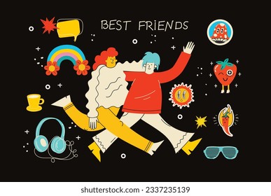 Best friends concept illustration. Vector illustration of multicultural girls and multicultural friendship. Happy friendship day. Teenage girl friends hugging and having fun.