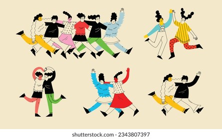 Best friends concept illustration. Vector illustration of multicultural girls and multicultural friendship. Happy friendship day. Teenage girl friends hugging and having fun.