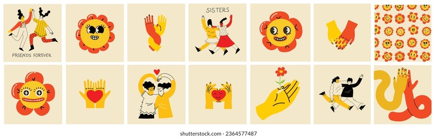 Best friends concept illustration. Vector illustration of multicultural girls and multicultural friendship. Happy friendship day. Teenage girl friends hugging and having fun.