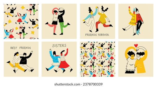 Best friends concept illustration. Vector illustration of multicultural girls and multicultural friendship. Happy friendship day. Teenage girl friends hugging and having fun.