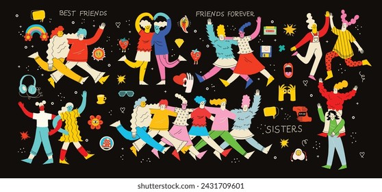 Best friends concept illustration. Vector illustration of multicultural girls and multicultural friendship. Happy friendship day. Teenage girl friends hugging and having fun.