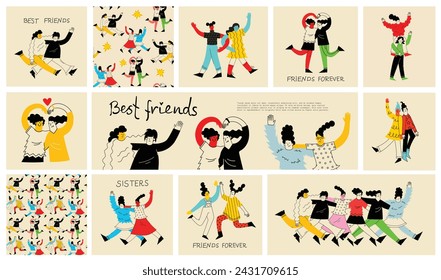 Best friends concept illustration. Vector illustration of multicultural girls and multicultural friendship. Happy friendship day. Teenage girl friends hugging and having fun.