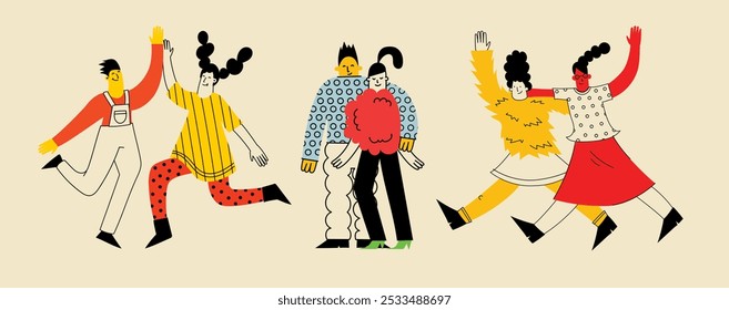 Best friends concept illustration. Vector illustration of multicultural girls and multicultural friendship. Happy friendship day. Teenage girl friends hugging and having fun.