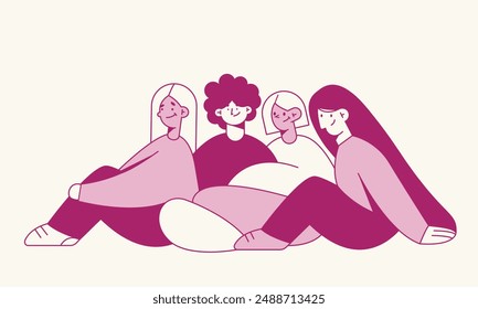 Ilustración del concepto de los mejores amigos. Grupo de chicas diversas abstractas. Trabajo en equipo, unión, concepto de amistad. Dibujado a mano Ilustración vectorial colorida EPS10