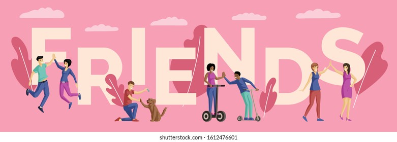 Best friends couples flat vector illustration. Friendship types, leisure together, happy people and dog cartoon characters. Friends word concept banner with decorative elements on pink background