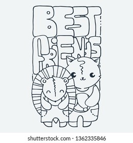 Best Friends. Cute cartoon animal. Vector clip art illustration for children design, cards, prints, coloring books. Grungy kawaii image