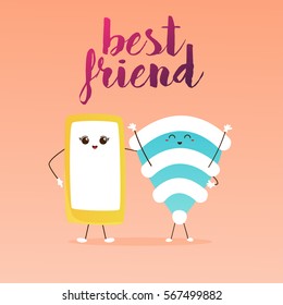 Best friends. Cute cartoon phone and Wifi. Technology concept. Flat design modern vector illustration concept.