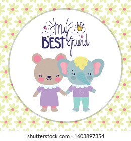 best friends cute female bear and elephant cartoon card vector illustration