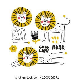 Best friends of cute lions. Childish vector illustration with lions in the wild. Design for poster, card, bag and t-shirt. Scandinavian style.