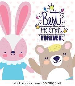 best friends cute rabbit with dress and bear cartoon card vector illustration