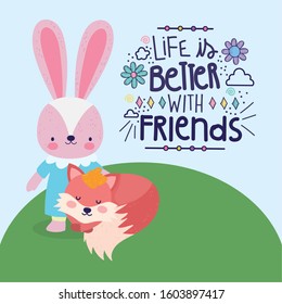 best friends cute rabbit and fox in the grass cartoon card vector illustration