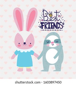 best friends cute rabbit and sloth holding hands card vector illustration