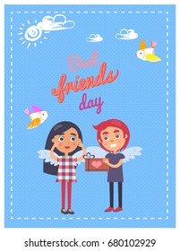 Best friends day template graphic vector colorful poster of young boy giving present box girl. Celebrating couple with wings on backs