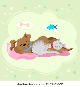 Best friends Dog and Cat sleep together on a bed and dream about their favorite treats