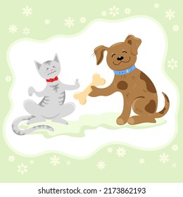 Best friends the Dog and the Cat are talking about their favorite food and the Dog will offer the Cat a bone