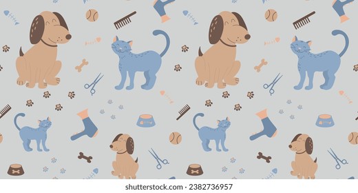 Best friends domestic animal. Colorful background for grooming salon and pet shop, t-shirt, web page, fabrics. Seamless pattern cat, dog, paw, bone, scissors, bowl, collar, ball,  
hair dryer.