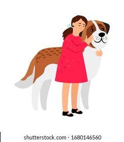 Best friends ever. Girl and her dog. Little pet owner, female hugs saint bernard dog. Cute love between puppy and human vector illustration