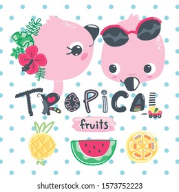 Best friends flamingo with tropical fruits on polka dot background illustration vector.