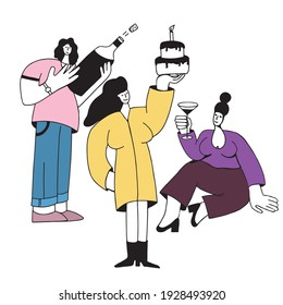 Best friends flat hand drawn illustration. Positive woman celebrating something. Happy birthday isolated on white background concept.